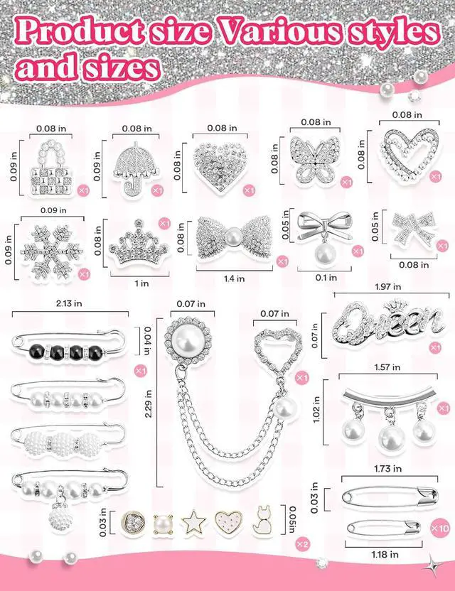 Alt view image 3 of 6 - RQAYE 80pcs Junk Socks Charms Kit, Gold Brooches and Pins for Women,Pearl and Rhinestone Shoe Charms with Safety Pins for Hat Clothes Bags