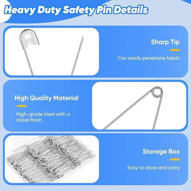 Alt view image 3 of 7 - Huhuhero 200PCS Large Safety Pins, 2.2 Inches Heavy Duty for Clothes Sewing | Rust-Resistant Nickel Plated Steel, Sharp Edge Big Pin for Daily Use, Art & Craft Supplies