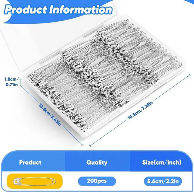 Alt view image 2 of 7 - Huhuhero 200PCS Large Safety Pins, 2.2 Inches Heavy Duty for Clothes Sewing | Rust-Resistant Nickel Plated Steel, Sharp Edge Big Pin for Daily Use, Art & Craft Supplies