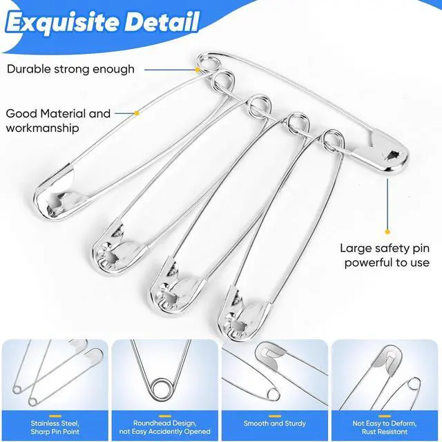 Alt view image 4 of 7 - Huhuhero 200PCS Large Safety Pins, 2.2 Inches Heavy Duty for Clothes Sewing | Rust-Resistant Nickel Plated Steel, Sharp Edge Big Pin for Daily Use, Art & Craft Supplies