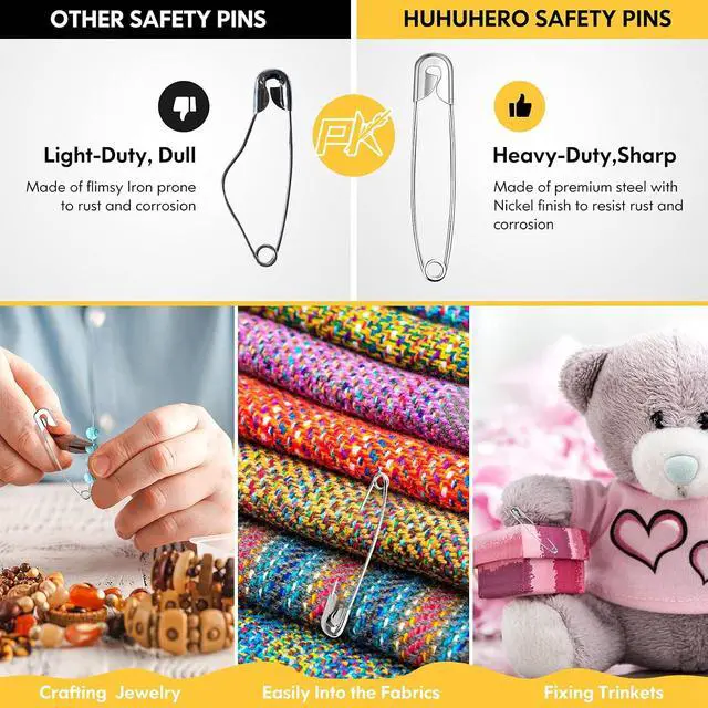 Alt view image 7 of 7 - Huhuhero 200PCS Large Safety Pins, 2.2 Inches Heavy Duty for Clothes Sewing | Rust-Resistant Nickel Plated Steel, Sharp Edge Big Pin for Daily Use, Art & Craft Supplies
