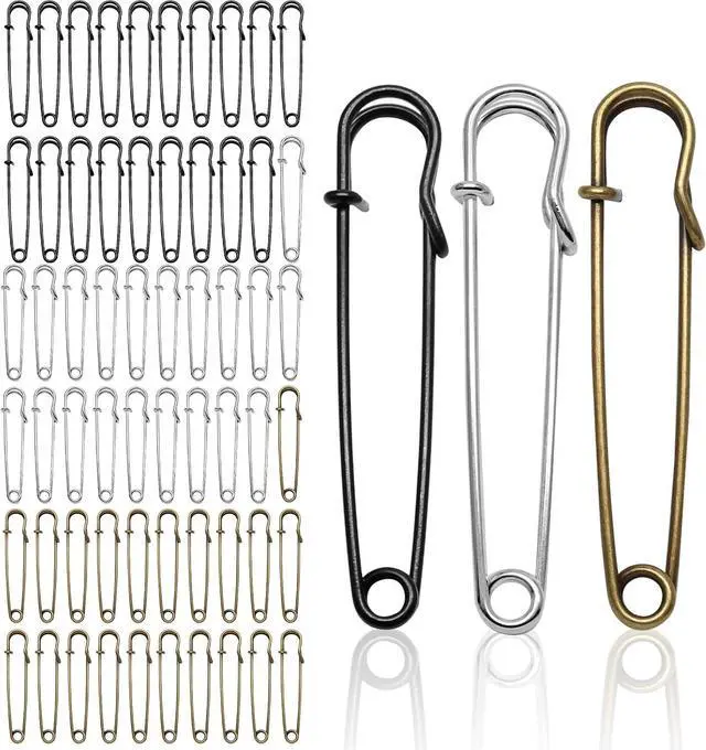 Main image of 60pcs 3 Inch Large Safety Pins, Blanket Pins | Black, Silver, Bronze, Heavy Duty, For Clothes, Leather, Canvas, Shawls, Skirts, Kilts
