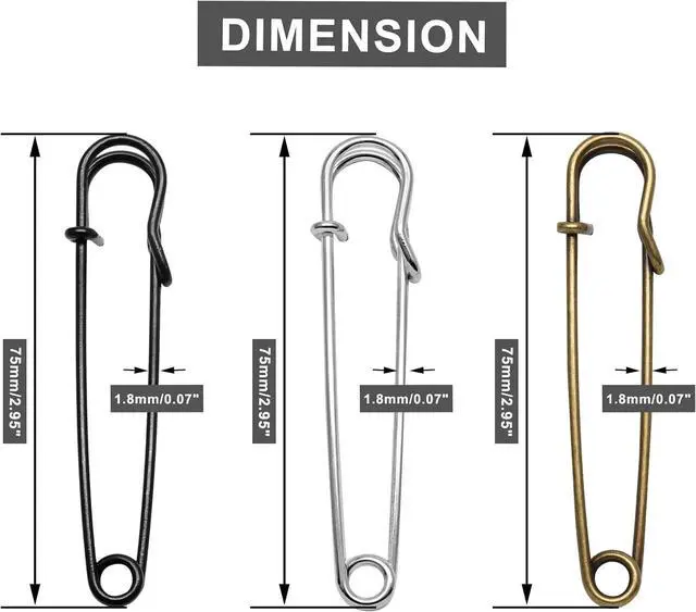 Alt view image 2 of 7 - 60pcs 3 Inch Large Safety Pins, Blanket Pins | Black, Silver, Bronze, Heavy Duty, For Clothes, Leather, Canvas, Shawls, Skirts, Kilts