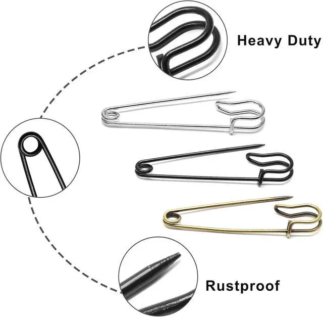 Alt view image 3 of 7 - 60pcs 3 Inch Large Safety Pins, Blanket Pins | Black, Silver, Bronze, Heavy Duty, For Clothes, Leather, Canvas, Shawls, Skirts, Kilts