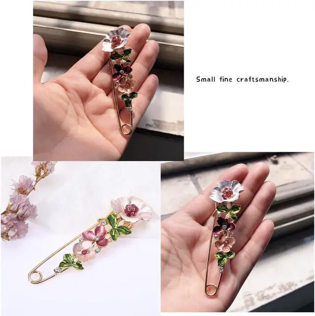 Alt view image 6 of 7 - Flower Safety Decorative Pins Brooch Clip, 2PCS Crystal Flower Safety Decorative Brooches Pins, Metal Flower Safety Decorative Pins for Clothing Scarves Shawl Buttons Christmas Gift