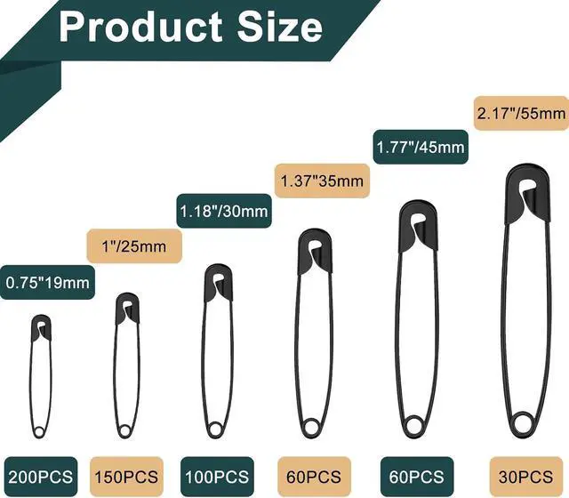 Alt view image 2 of 7 - NEBURORA 600 Pcs Black Safety Pin Assorted 6 Different Sizes | Small and Large Safety Pins for Clothes, Office, Sewing Craft and Arts Pinning