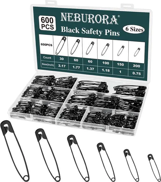 Main image of NEBURORA 600 Pcs Black Safety Pin Assorted 6 Different Sizes | Small and Large Safety Pins for Clothes, Office, Sewing Craft and Arts Pinning