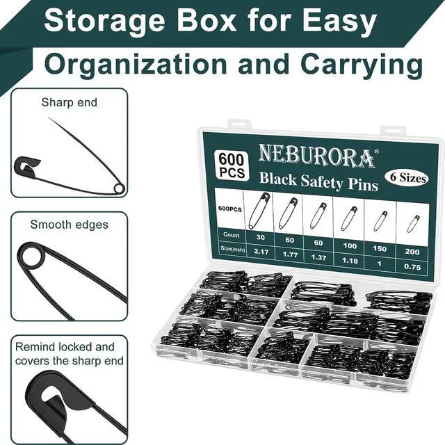 Alt view image 3 of 7 - NEBURORA 600 Pcs Black Safety Pin Assorted 6 Different Sizes | Small and Large Safety Pins for Clothes, Office, Sewing Craft and Arts Pinning