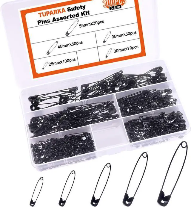 Main image of TUPARKA 5 Sizes Black Safety Pins Assorted 25-55mm Small and Large Safety Pins for Art Craft Sewing Jewelry Making in a PP Box (300 pcs)