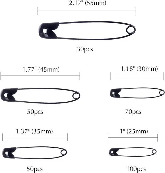 Alt view image 2 of 6 - TUPARKA 5 Sizes Black Safety Pins Assorted 25-55mm Small and Large Safety Pins for Art Craft Sewing Jewelry Making in a PP Box (300 pcs)