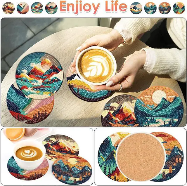 Alt view image 2 of 6 - ijbnhd 8 Pcs Sunset Diamond Painting Coasters with Holder 4X4inch | Abstract Landscape Diamond Art Coasters Diamond Painting Kits for Beginners, Adults Art Craft Supplies