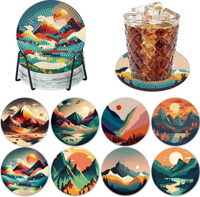Main image of ijbnhd 8 Pcs Sunset Diamond Painting Coasters with Holder 4X4inch | Abstract Landscape Diamond Art Coasters Diamond Painting Kits for Beginners, Adults Art Craft Supplies