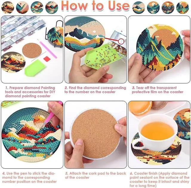 Alt view image 5 of 6 - ijbnhd 8 Pcs Sunset Diamond Painting Coasters with Holder 4X4inch | Abstract Landscape Diamond Art Coasters Diamond Painting Kits for Beginners, Adults Art Craft Supplies