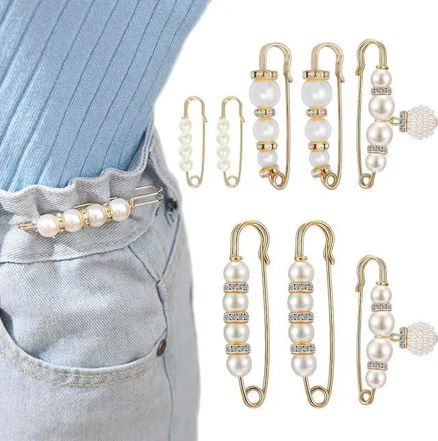 Main image of 8 Pcs Pearl Brooch Pins,Safety Pins for Clothing Dress pants skirt Cardigan CollarFaux Pearl Rhinestones Brooches for Women Girls Pants Extender Safety Pins