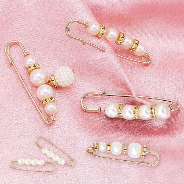 Alt view image 3 of 5 - 8 Pcs Pearl Brooch Pins,Safety Pins for Clothing Dress pants skirt Cardigan CollarFaux Pearl Rhinestones Brooches for Women Girls Pants Extender Safety Pins