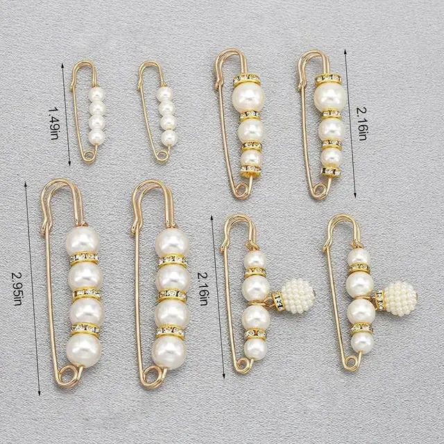 Alt view image 2 of 5 - 8 Pcs Pearl Brooch Pins,Safety Pins for Clothing Dress pants skirt Cardigan CollarFaux Pearl Rhinestones Brooches for Women Girls Pants Extender Safety Pins