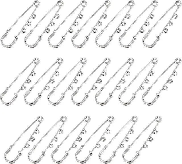 Main image of Framendino, 20 Pack Heavy Duty Safety Pins Metal Brooch Pin Kilt Fasteners with 3 Loops for DIY Crafts Jewelry Making Arts Sewing Clothes Blankets Skirts Kilts Knitted Fabric 2 Inch Silver