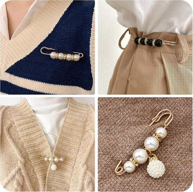 Alt view image 5 of 5 - 8 Pcs Pearl Brooch Pins,Safety Pins for Clothing Dress pants skirt Cardigan CollarFaux Pearl Rhinestones Brooches for Women Girls Pants Extender Safety Pins