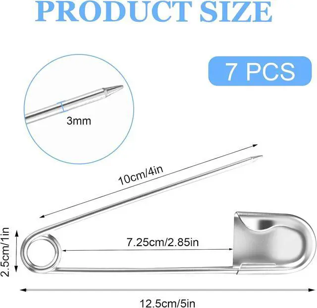 Alt view image 2 of 7 - AZUREAL 5 Inch Jumbo Oversized Safety Pins 7P, Giant Heavy Duty Stainless Steel Extra Large Safety Pins, for Blanket Leather Canvas Outdoor Craft Laundry (Silver)