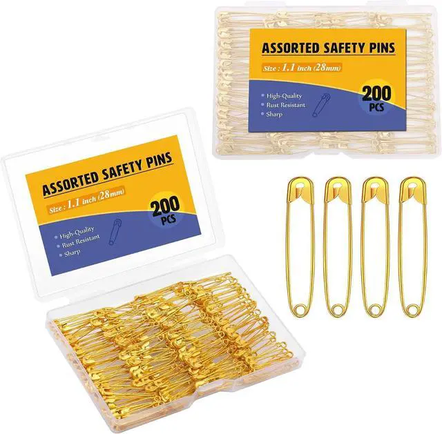 Main image of Mnuizu 1.1inch/28mm Small Safety Pins, 200Pcs Gold Safety Pins for Clothes | Heavy Duty Safety Pins, Mini Saftey Pin for Sewing, Craft, Fashion Accessories Making with Storage Box
