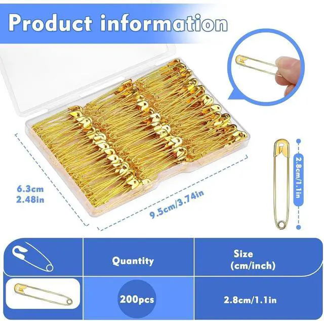 Alt view image 2 of 7 - Mnuizu 1.1inch/28mm Small Safety Pins, 200Pcs Gold Safety Pins for Clothes | Heavy Duty Safety Pins, Mini Saftey Pin for Sewing, Craft, Fashion Accessories Making with Storage Box