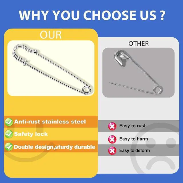 Alt view image 5 of 7 - Large Safety Pins 15 Pack Heavy Duty Safety Pins 4 Inch Silvery | Giant Stainless Steel Heavy Duty Safety Pins for Clothes, Diapers, Blankets, Laundry, Leather Canvas, DIY Crafts