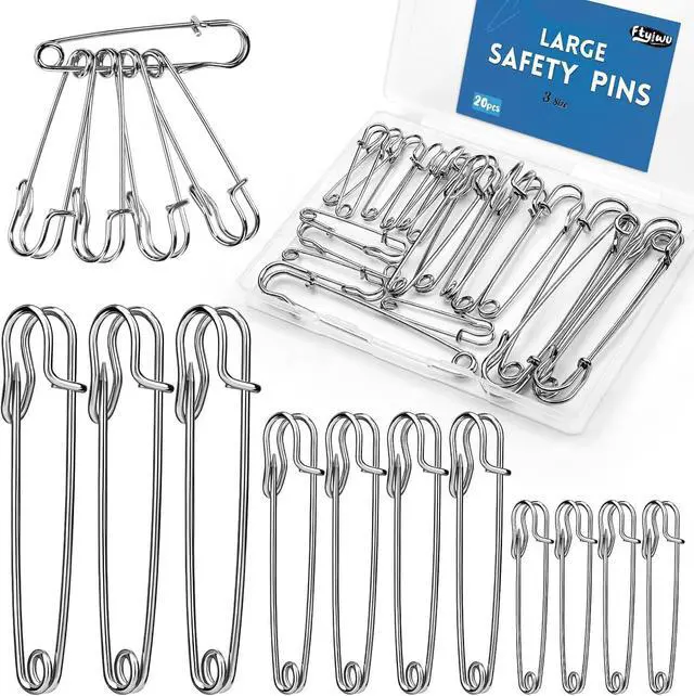 Main image of Large Safety Pins, 20 Pack Heavy Duty Safety Pins 3 Size 2" 3" 4" | Stainless Steel Safety Pin for Clothes, Blankets, Laundry, Leather Canvas, DIY Crafts (Silver)