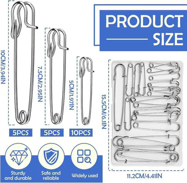 Alt view image 2 of 7 - Large Safety Pins, 20 Pack Heavy Duty Safety Pins 3 Size 2" 3" 4" | Stainless Steel Safety Pin for Clothes, Blankets, Laundry, Leather Canvas, DIY Crafts (Silver)