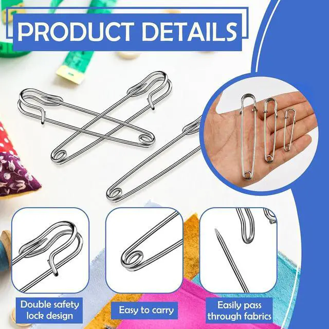 Alt view image 3 of 7 - Large Safety Pins, 20 Pack Heavy Duty Safety Pins 3 Size 2" 3" 4" | Stainless Steel Safety Pin for Clothes, Blankets, Laundry, Leather Canvas, DIY Crafts (Silver)