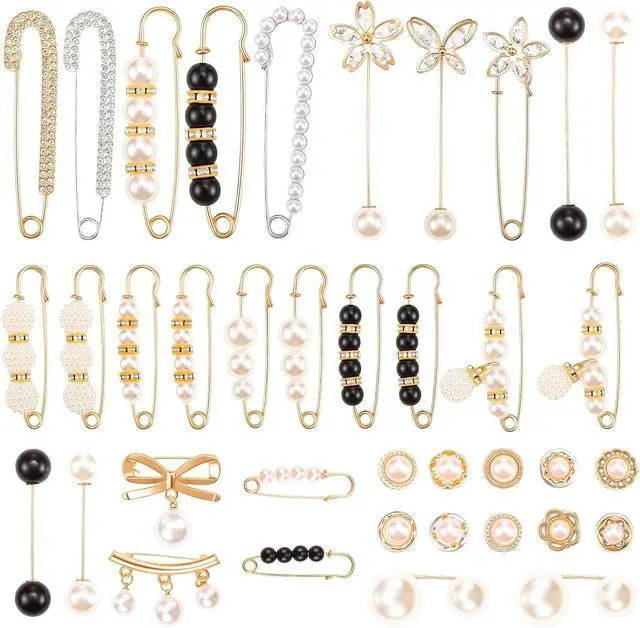 Main image of 38 Pcs Pearl Crystal Brooch Safety Pins, Waist Tightener For Women | Alloy, Faux Pearl And Crystal; Adjust Loose Clothes; Decorative For Dresses, Hats, Scarves And Bags