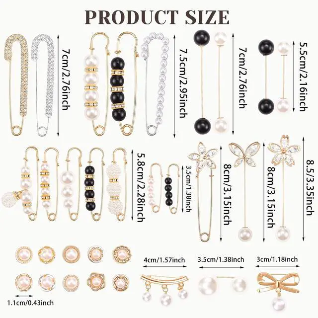 Alt view image 2 of 7 - 38 Pcs Pearl Crystal Brooch Safety Pins, Waist Tightener For Women | Alloy, Faux Pearl And Crystal; Adjust Loose Clothes; Decorative For Dresses, Hats, Scarves And Bags