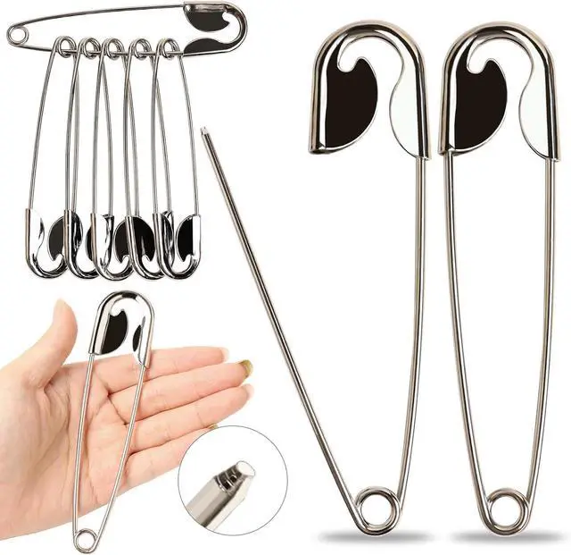 Main image of 2 Pieces Large Safety Pins 5 Inch Metal Jumbo Safety Pin Silver Heavy Duty Safety Pins for Laundry, Blanket, Key Rings, Outdoor