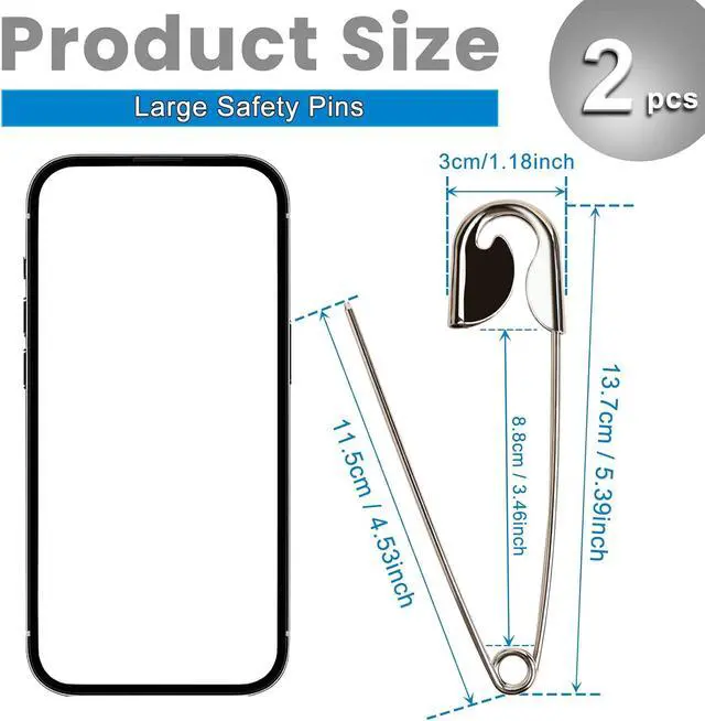 Alt view image 2 of 6 - 2 Pieces Large Safety Pins 5 Inch Metal Jumbo Safety Pin Silver Heavy Duty Safety Pins for Laundry, Blanket, Key Rings, Outdoor