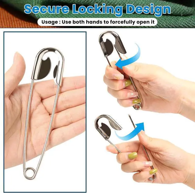 Alt view image 4 of 6 - 2 Pieces Large Safety Pins 5 Inch Metal Jumbo Safety Pin Silver Heavy Duty Safety Pins for Laundry, Blanket, Key Rings, Outdoor