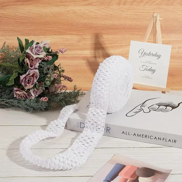 Alt view image 5 of 7 - GORGECRAFT 5.5 Yards 1.7" Wide Elastic Crochet Headband Ribbon Elastic Band Crochet Stretch Trim Fabric Stretchy Hair Ties Headband Material for Tutus Sewing Hair Waistband Accessories Tube Top, White