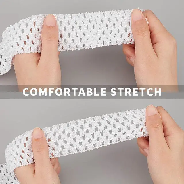 Alt view image 3 of 7 - GORGECRAFT 5.5 Yards 1.7" Wide Elastic Crochet Headband Ribbon Elastic Band Crochet Stretch Trim Fabric Stretchy Hair Ties Headband Material for Tutus Sewing Hair Waistband Accessories Tube Top, White