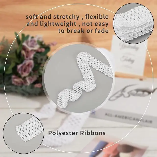 Alt view image 4 of 7 - GORGECRAFT 5.5 Yards 1.7" Wide Elastic Crochet Headband Ribbon Elastic Band Crochet Stretch Trim Fabric Stretchy Hair Ties Headband Material for Tutus Sewing Hair Waistband Accessories Tube Top, White