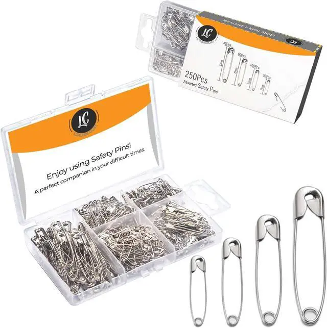 Main image of 250 Pack Safety Pins by Luxurecourt, 4 Assorted Sizes of Durable, Silver Small and Large Safety Pins Bulk, Rust-Resistant Nickel Plated Steel, Sharp Edge Pins for Clothes, Sewing, Arts & Craft