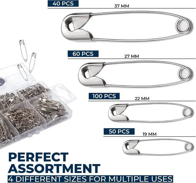Alt view image 2 of 7 - 250 Pack Safety Pins by Luxurecourt, 4 Assorted Sizes of Durable, Silver Small and Large Safety Pins Bulk, Rust-Resistant Nickel Plated Steel, Sharp Edge Pins for Clothes, Sewing, Arts & Craft