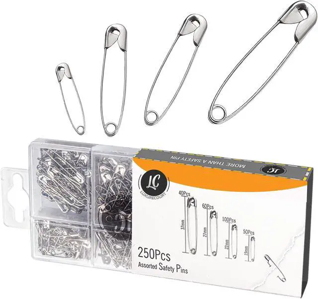 Alt view image 5 of 7 - 250 Pack Safety Pins by Luxurecourt, 4 Assorted Sizes of Durable, Silver Small and Large Safety Pins Bulk, Rust-Resistant Nickel Plated Steel, Sharp Edge Pins for Clothes, Sewing, Arts & Craft