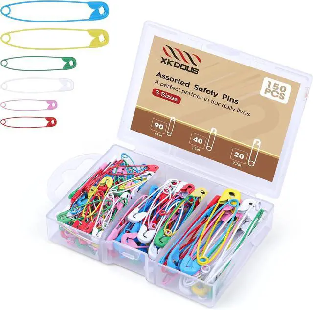 Main image of XKDOUS Safety Pins - 150 Pcs Assorted Sizes 6 Color Pins Bulk | Small & Large Heavy Duty for Clothes, Sewing, Craft