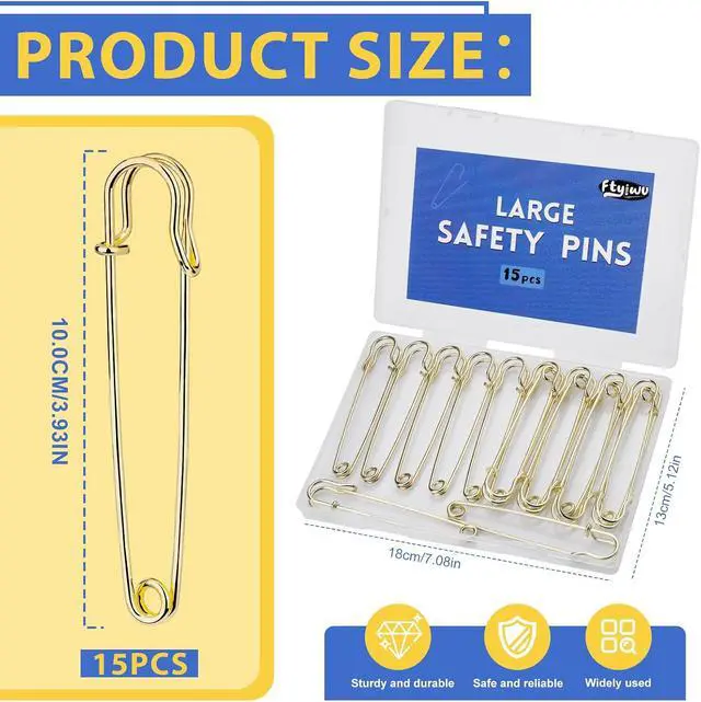 Alt view image 2 of 7 - Large Safety Pins 15 Pack Heavy Duty Safety Pins 4 Inch(100mm) | Rust Resistant Heavy Duty Safety Pins for Clothes, Diapers, Blankets, Laundry, Leather Canvas, DIY Crafts Golden