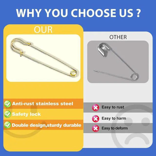 Alt view image 5 of 7 - Large Safety Pins 15 Pack Heavy Duty Safety Pins 4 Inch(100mm) | Rust Resistant Heavy Duty Safety Pins for Clothes, Diapers, Blankets, Laundry, Leather Canvas, DIY Crafts Golden