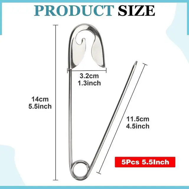 Alt view image 3 of 7 - 5 Pcs 5.5 Inch Heavy Duty Safety Pins for Thick Fabric Stainless Steel Jumbo Extra Large Safety Pins Big Giant for Clothes Blankets Crafts and Decorations Outdoor (Silver)