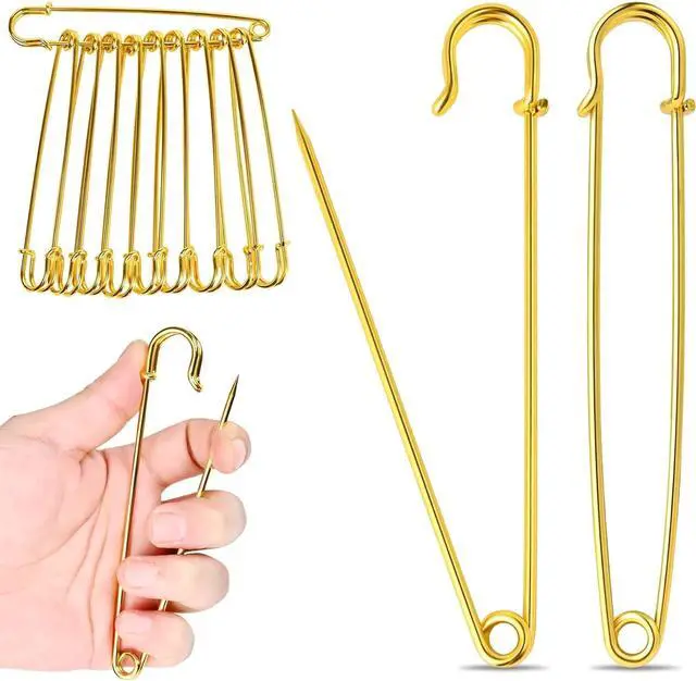 Main image of Extra Large Safety Pins Heavy Duty, 5 in Gold Big Safety Pins, 10 PCS Giant Safety Pin for Clothes, Diaper, Blankets, Leather, Canvas, Decorativeions (1, Gold)