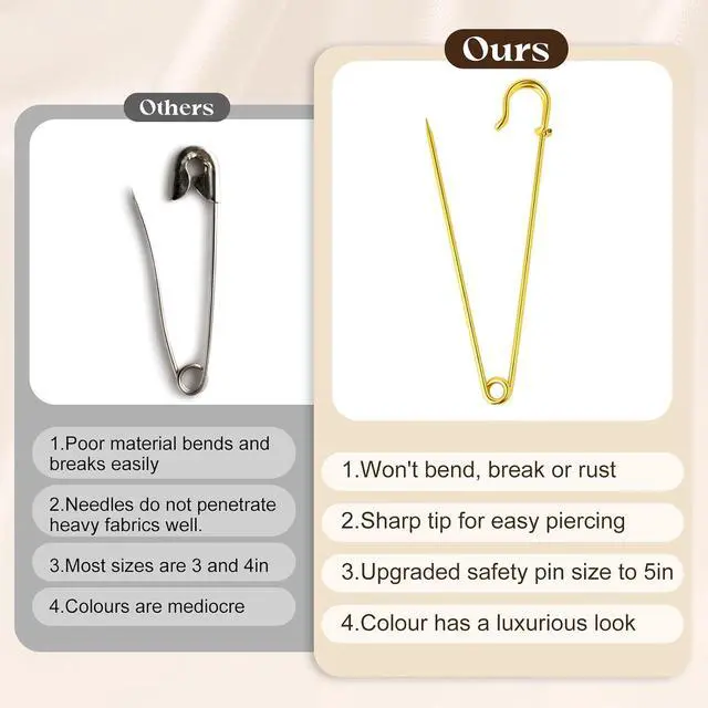 Alt view image 6 of 7 - Extra Large Safety Pins Heavy Duty, 5 in Gold Big Safety Pins, 10 PCS Giant Safety Pin for Clothes, Diaper, Blankets, Leather, Canvas, Decorativeions (1, Gold)