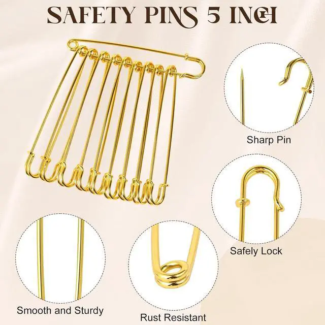 Alt view image 4 of 7 - Extra Large Safety Pins Heavy Duty, 5 in Gold Big Safety Pins, 10 PCS Giant Safety Pin for Clothes, Diaper, Blankets, Leather, Canvas, Decorativeions (1, Gold)