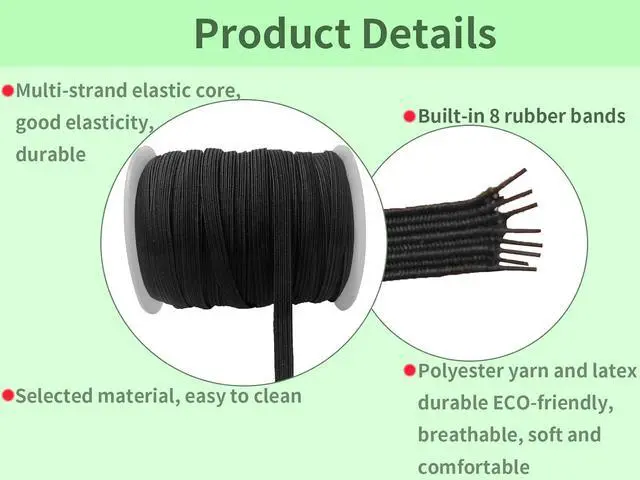 Alt view image 6 of 7 - 1/4" Black Knit Elastic Band 45yd-Thin Stretch for Sewing | 6mm lightweight braided elastic,Soft stretch band bulk ideal for face masks,cuffs,swim trim & handmade DIY craft