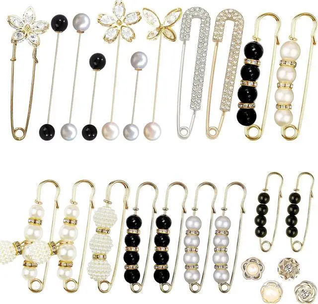 Main image of 24 Pieces Pearl Crystal Brooch Safety Pins Button Pins Pant Waist Tightener Pins for Clothes Sweater Shawl Collar Dress Cardigan Shirt Jeans Decoration Accessories for Women Girls