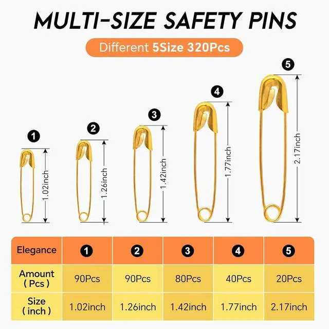 Alt view image 2 of 7 - 320Pcs Gold Safety Pins Assorted | 5 Different Sizes Large and Small Safety Pins for Clothes, Pins for Art,Crafts, Sewing and Jewelry Making
